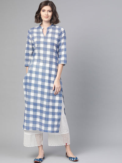 Nayo Nayo Adults-Women White & Blue Cotton Straight Checked Checked Kurta