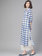 Nayo Nayo Adults-Women White & Blue Cotton Straight Checked Checked Kurta