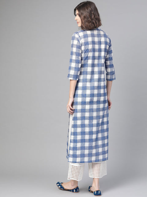 Nayo Nayo Adults-Women White & Blue Cotton Straight Checked Checked Kurta