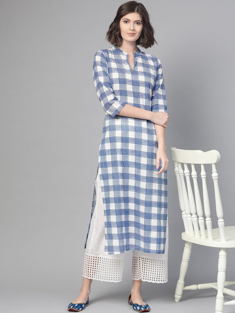 Nayo Nayo Adults-Women White & Blue Cotton Straight Checked Checked Kurta
