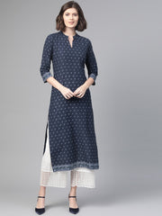 Nayo Nayo Adults-Women Navy Blue & White Cotton Straight Ethnic Motifs Printed Kurta