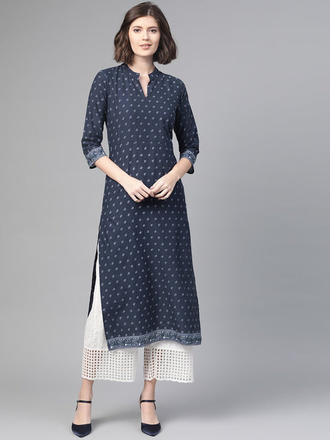 Nayo Nayo Adults-Women Navy Blue & White Cotton Straight Ethnic Motifs Printed Kurta