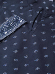 Nayo Nayo Adults-Women Navy Blue & White Cotton Straight Ethnic Motifs Printed Kurta