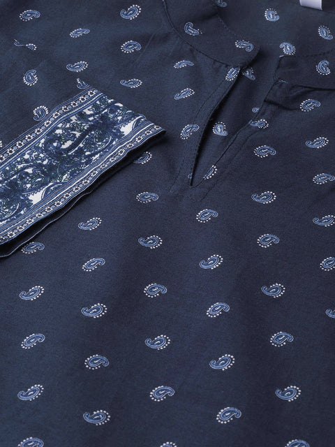 Nayo Nayo Adults-Women Navy Blue & White Cotton Straight Ethnic Motifs Printed Kurta