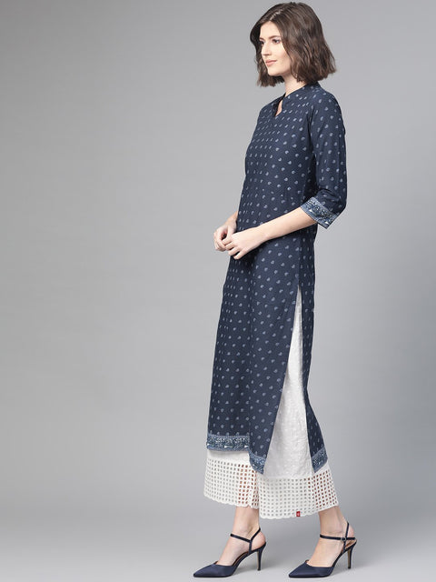 Nayo Nayo Adults-Women Navy Blue & White Cotton Straight Ethnic Motifs Printed Kurta
