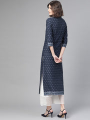 Nayo Nayo Adults-Women Navy Blue & White Cotton Straight Ethnic Motifs Printed Kurta