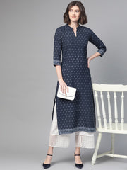 Nayo Nayo Adults-Women Navy Blue & White Cotton Straight Ethnic Motifs Printed Kurta