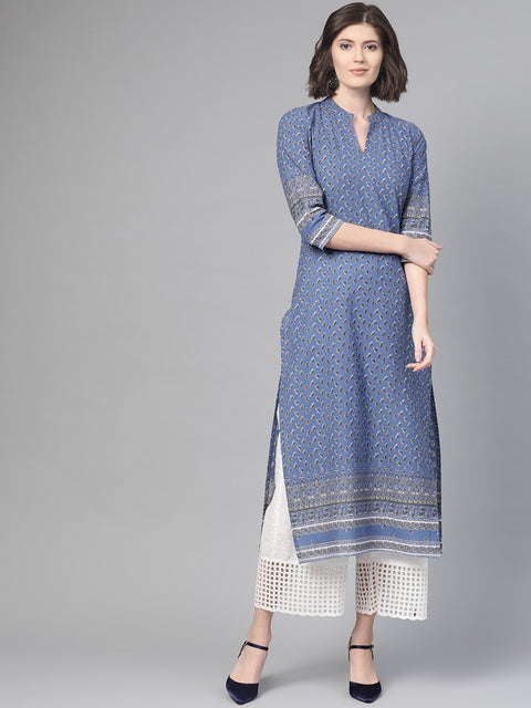 Nayo Nayo Adults-Women Purple & White Cotton Straight Floral Printed Kurta