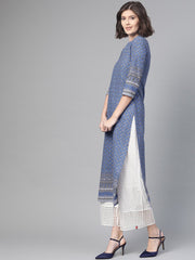 Nayo Nayo Adults-Women Purple & White Cotton Straight Floral Printed Kurta