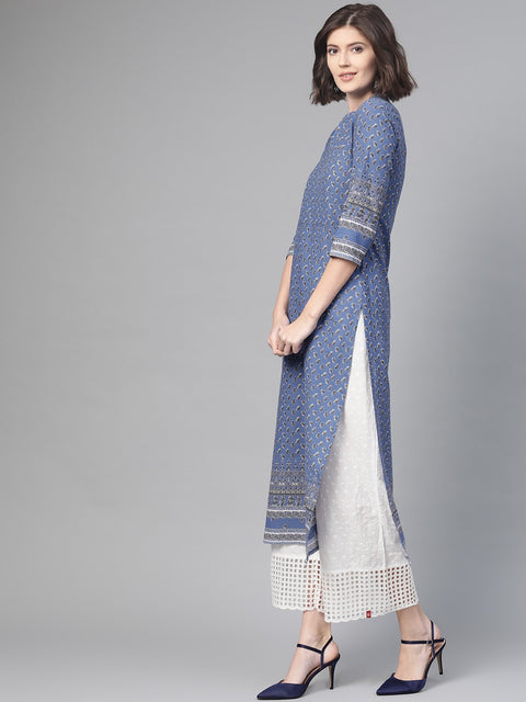 Nayo Nayo Adults-Women Purple & White Cotton Straight Floral Printed Kurta