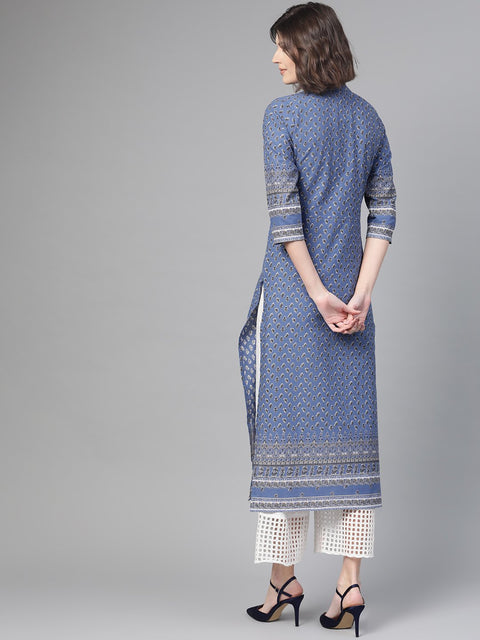 Nayo Nayo Adults-Women Purple & White Cotton Straight Floral Printed Kurta