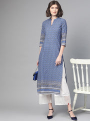 Nayo Nayo Adults-Women Purple & White Cotton Straight Floral Printed Kurta