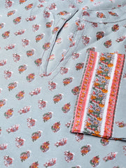 Nayo Nayo Adults-Women Blue & Pink Cotton Straight Floral Printed Kurta