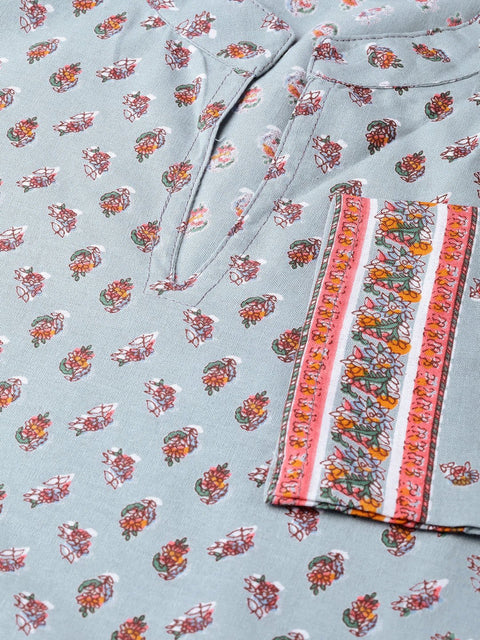 Nayo Nayo Adults-Women Blue & Pink Cotton Straight Floral Printed Kurta