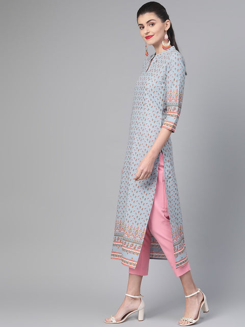 Nayo Nayo Adults-Women Blue & Pink Cotton Straight Floral Printed Kurta