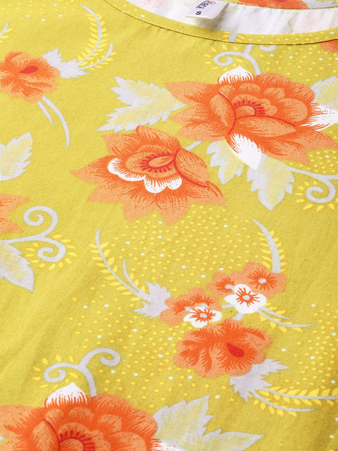 Nayo Women Green & Orange Straight Floral Printed Kurta And Skirt Set