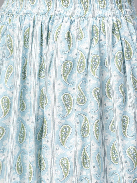 Nayo Women Green & Orange Straight Floral Printed Kurta And Skirt Set