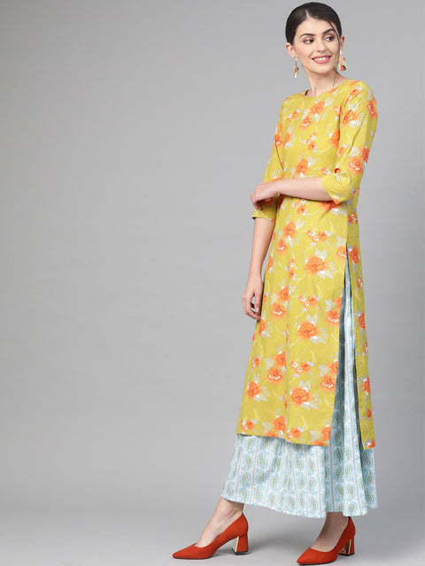 Nayo Women Green & Orange Straight Floral Printed Kurta And Skirt Set
