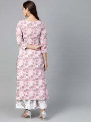 Nayo Women Pink & Grey Straight Floral Printed Kurta And Skirt Set