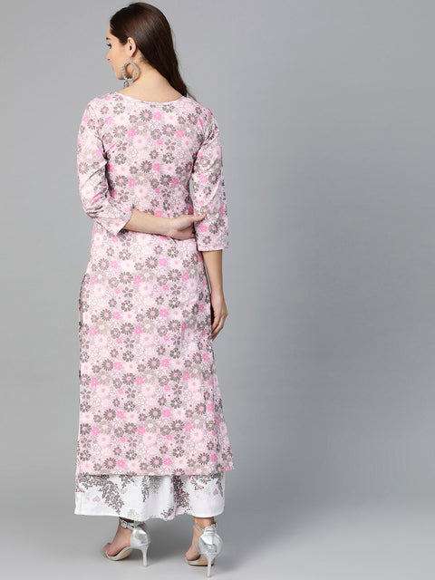Nayo Women Pink & Grey Straight Floral Printed Kurta And Skirt Set