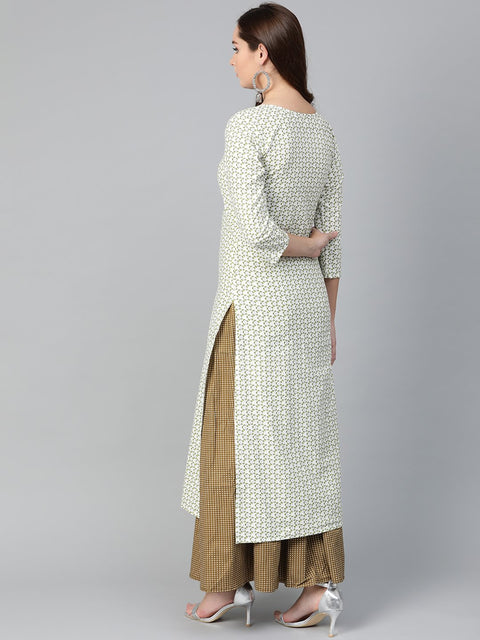 Nayo Women White & Green Straight Floral Printed Kurta And Skirt Set