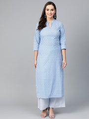 Nayo Women Blue & White Straight Floral Printed Kurta And Palazzos Set