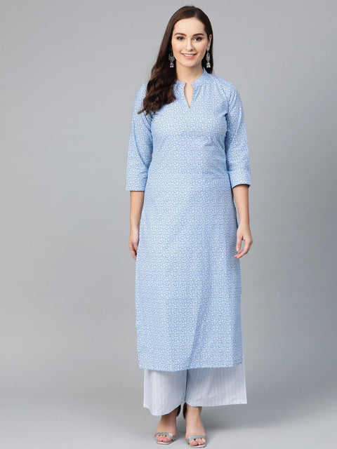 Nayo Women Blue & White Straight Floral Printed Kurta And Palazzos Set