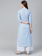 Nayo Women Blue & White Straight Floral Printed Kurta And Palazzos Set