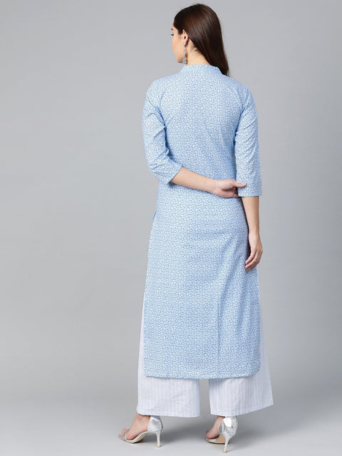 Nayo Women Blue & White Straight Floral Printed Kurta And Palazzos Set