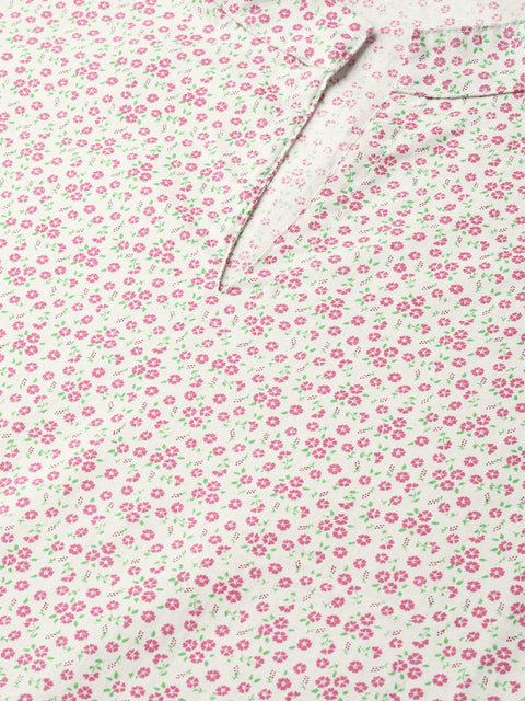 Nayo Women Off white & Pink Straight Floral Printed Kurta And Skirt Set