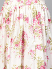 Nayo Women Off white & Pink Straight Floral Printed Kurta And Skirt Set