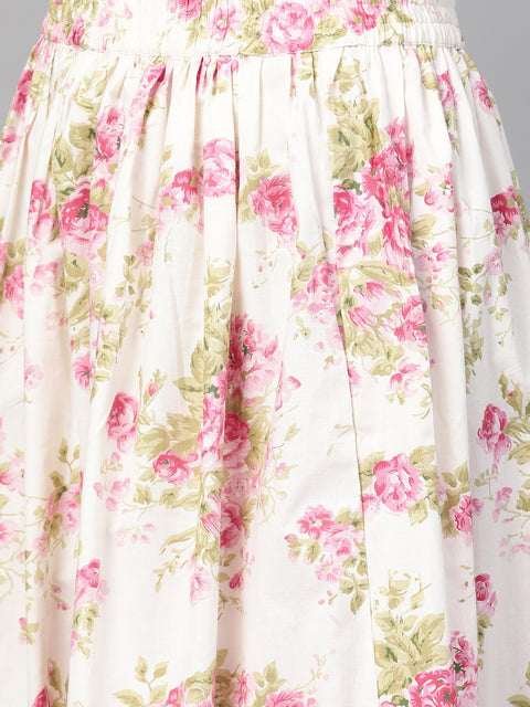 Nayo Women Off white & Pink Straight Floral Printed Kurta And Skirt Set