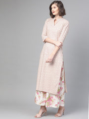 Nayo Women Off white & Pink Straight Floral Printed Kurta And Skirt Set