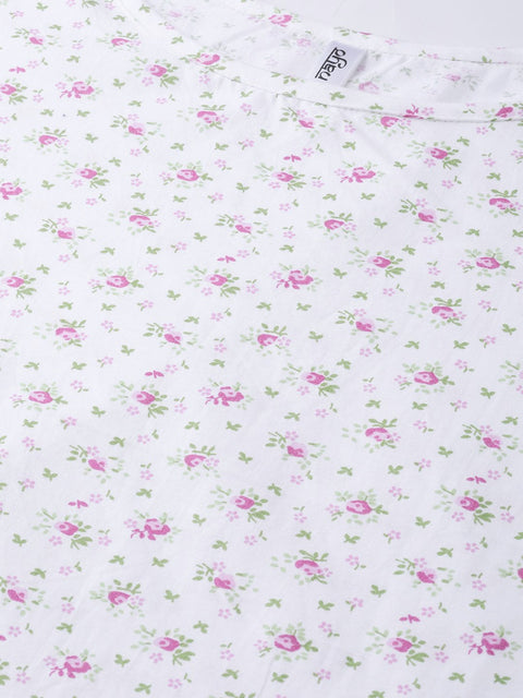 Nayo Women White & Pink  Straight Floral Printed Kurta And Skirt Set