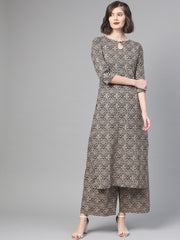 Nayo Women Black & Beige Straight Ethnic Motifs Printed Kurta And Palazzos Set