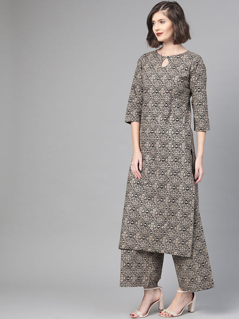 Nayo Women Black & Beige Straight Ethnic Motifs Printed Kurta And Palazzos Set