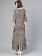 Nayo Women Black & Beige Straight Ethnic Motifs Printed Kurta And Palazzos Set