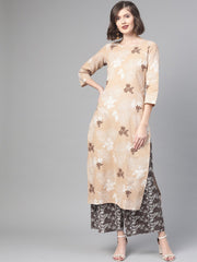 Nayo Women Beige & Off white Straight Floral Printed Kurta And Palazzos Set
