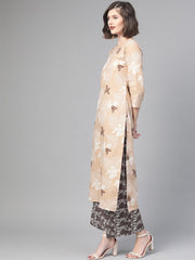 Nayo Women Beige & Off white Straight Floral Printed Kurta And Palazzos Set