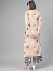 Nayo Women Beige & Off white Straight Floral Printed Kurta And Palazzos Set