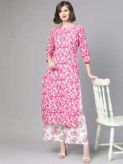 Nayo Women Pink & White Straight Floral Printed Kurta And Palazzos Set