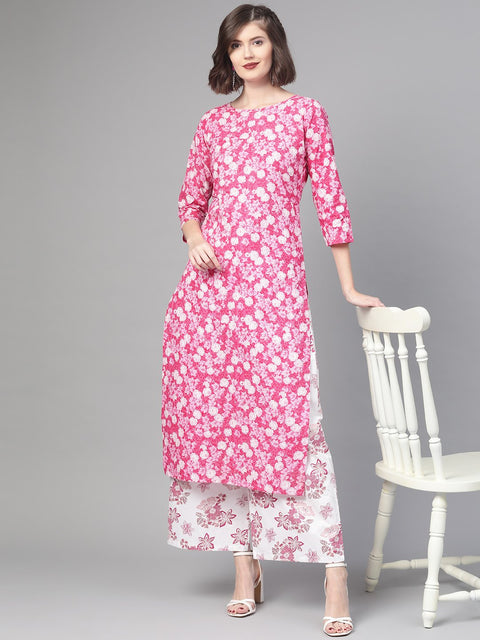 Nayo Women Pink & White Straight Floral Printed Kurta And Palazzos Set