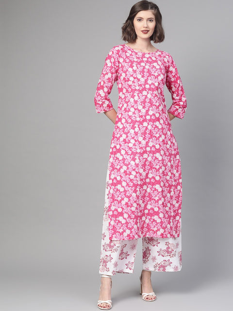 Nayo Women Pink & White Straight Floral Printed Kurta And Palazzos Set