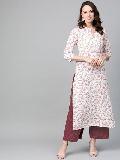 Nayo Women Off white & Red Straight Floral Printed Kurta And Palazzos Set