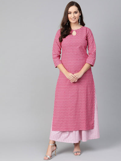 Nayo Women Pink & White Straight Floral Printed Kurta And Skirt Set