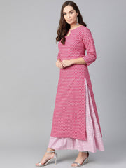 Nayo Women Pink & White Straight Floral Printed Kurta And Skirt Set