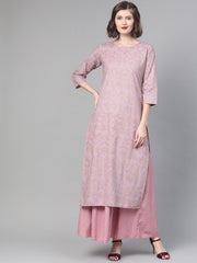 Nayo Women Mauve & Pink Straight Floral Printed Kurta And Skirt Set