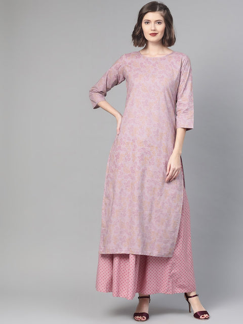 Nayo Women Mauve & Pink Straight Floral Printed Kurta And Skirt Set