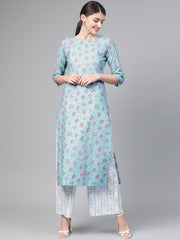 Nayo Women Blue & Pink Straight Floral Printed Kurta And Palazzos Set