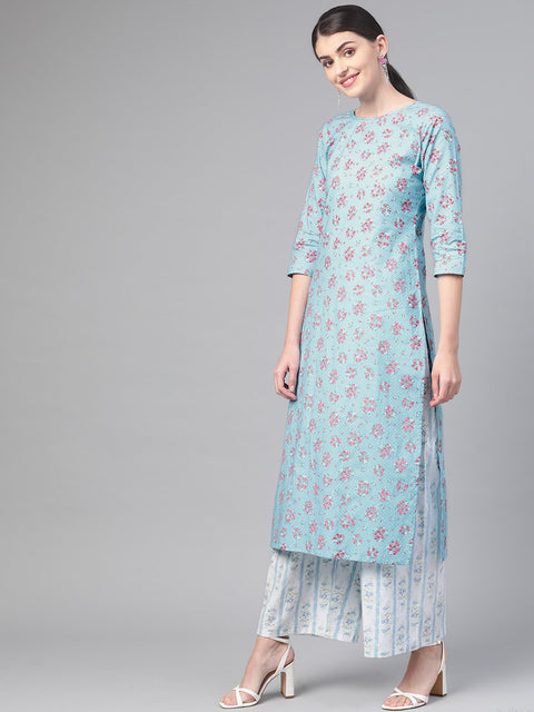 Nayo Women Blue & Pink Straight Floral Printed Kurta And Palazzos Set